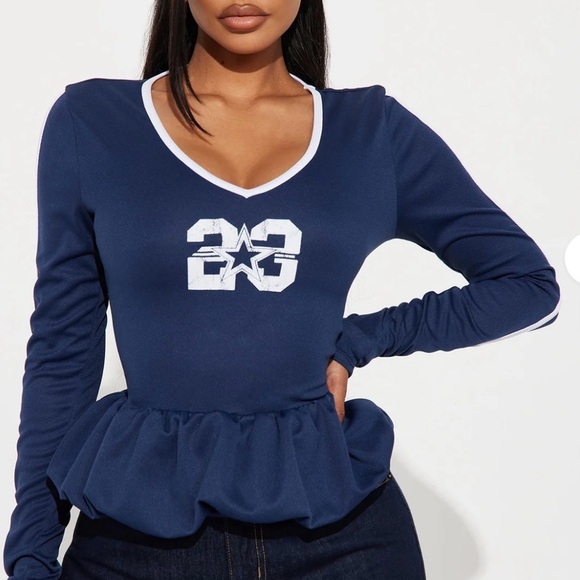 Fashion Nova Blue and White Long Sleeve Peplum Bodysuit - Picture 3 of 3